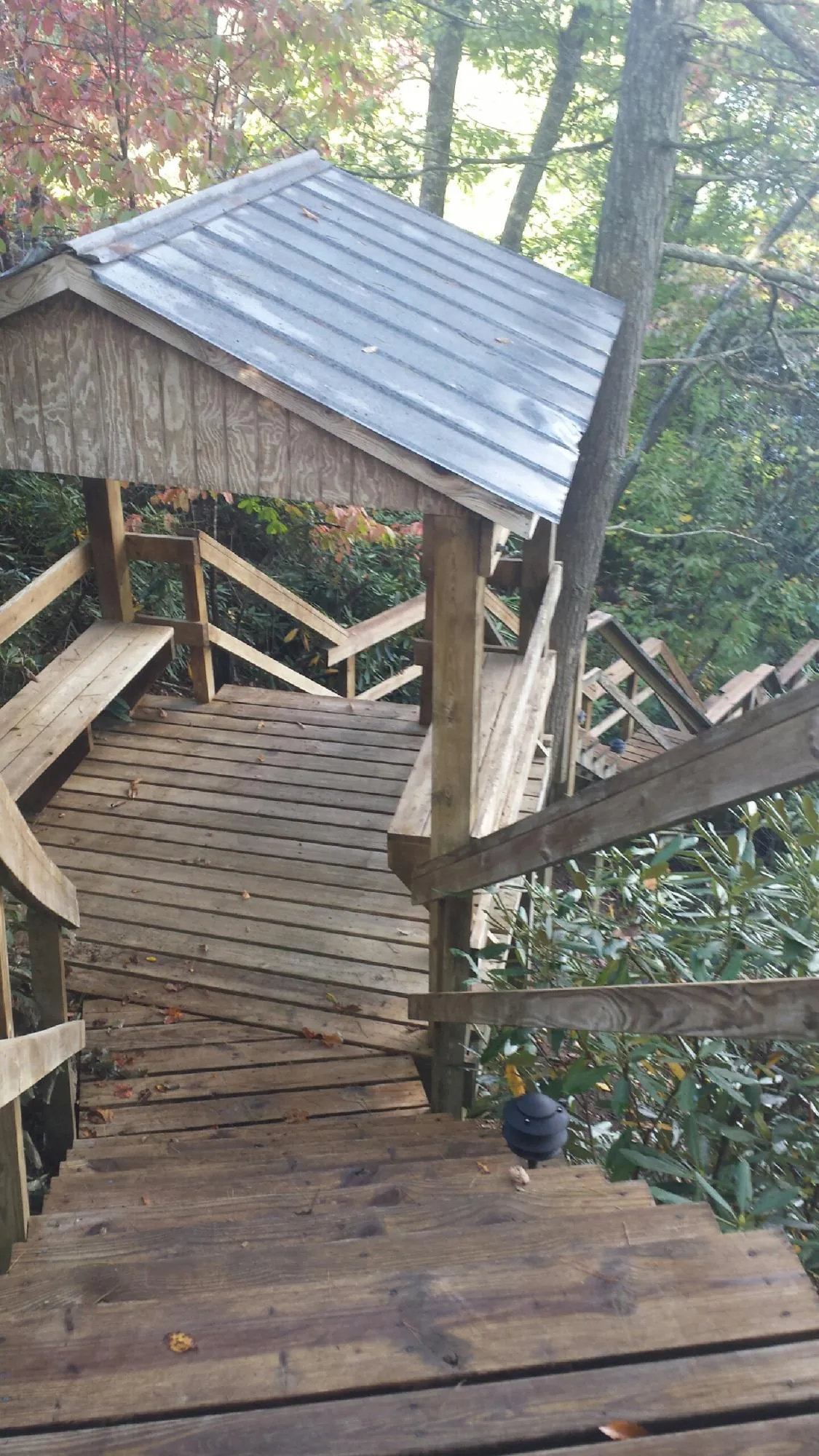 Metal roofed shelter over wooden steps on a wooded walkway — Skylight Repair & Installation work by our crew in Lincoln City